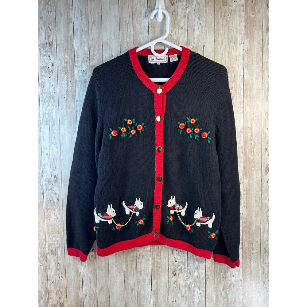 Bechamel‎ Vintage Cardigan M Black  French Terrier Dog floral Embroidered Chain